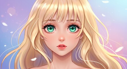 Fototapeta premium Blonde Anime Girl with Green Eyes Digital Art Portrait