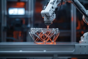 A white robotic arm utilizing laser technology to create a complex geometric structure, representing advanced manufacturing, innovation, and the future of industrial automation in a modern factory.