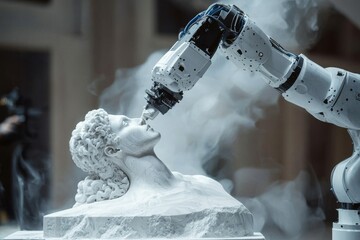 A robotic arm delicately touching a classical marble bust of a woman, symbolizing the intersection of artificial intelligence, art, and the future of creativity in the modern era.