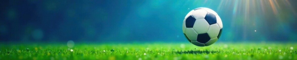 Fototapeta premium Football ball flying through the air in a blue filet with green grass, soccer scene, blue filet, grassy field, stadium