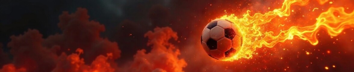Fototapeta premium Football ball soaring through a blazing inferno with flames licking at its surface, high flying, intense, flames