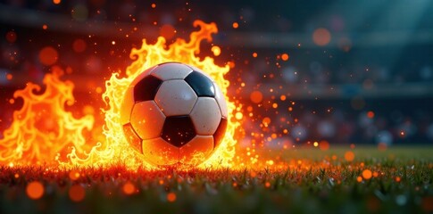 Naklejka premium Football ball flying through a wall of flames, fire, sports, smoke