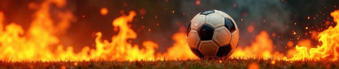 Naklejka premium Football being thrown through blazing inferno , fire, stadium, throw