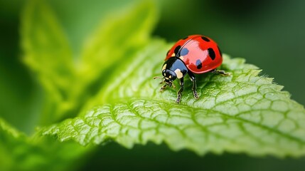 Fototapeta premium Close-up of a ladybug on a vibrant green leaf