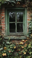 Weathered green window overgrown with ivy