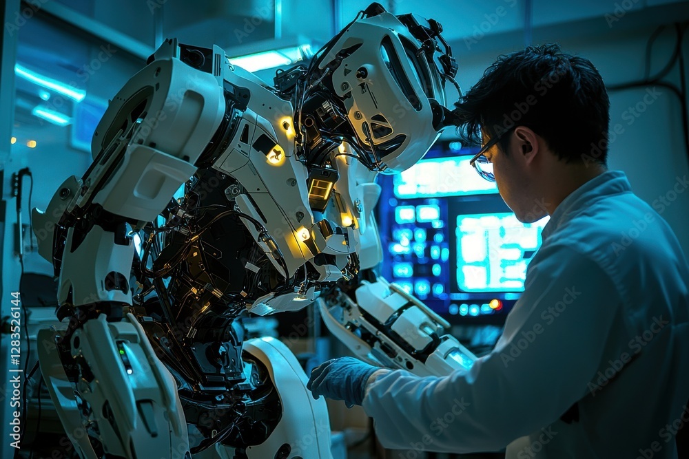 Poster a futuristic engineer carefully working on a highly advanced humanoid robot in a laboratory, ensurin