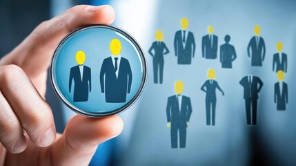 Abstract human resources concept with interconnected icons of teamwork, leadership, and hiring, glowing interface, no people