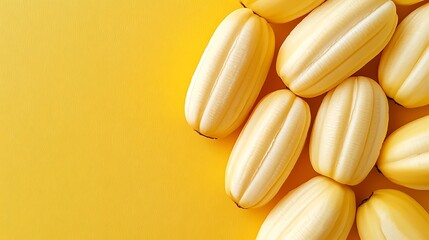 Yellow oblong fruits, close-up, vibrant background, creative food styling