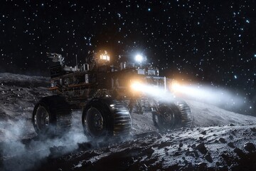 A futuristic rover exploring the alien terrain under a starlit sky, creating an otherworldly scene with its advanced technology and powerful lights, showcasing a new frontier.