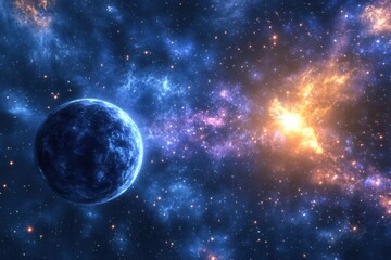 Celestial view of a blue planet amid vibrant cosmic nebulae and stars in deep space