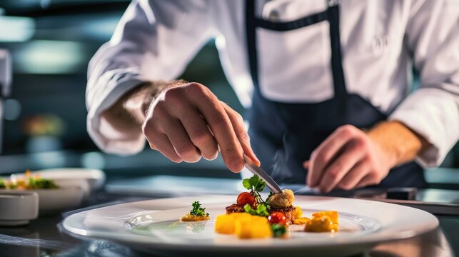 Expert Chef Carefully Arranging Colorful Vegetable Dish with Culinary Precision and Skillful