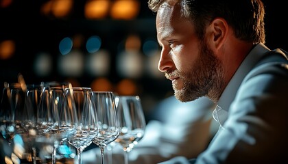 Wine expert inspecting glasses in cellar