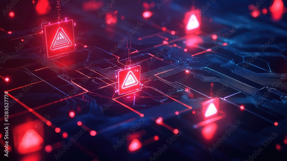 Poster ai-powered fraud detection concept with glowing alert signs and data security encryption patterns