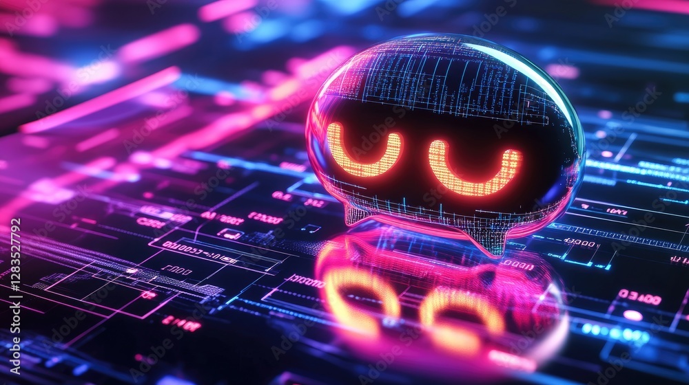 Poster ai-powered chatbot concept with a glowing speech bubble icon and binary code background, no people