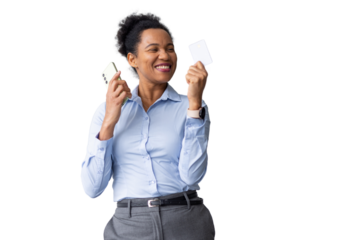 Smart African American entrepreneur making a contactless payment on her mobile device