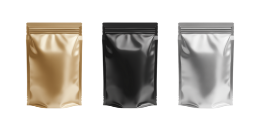 Set of blank stand-up pouches for food packaging, isolated on a transparent background PNG