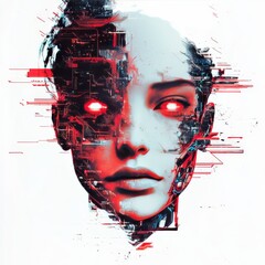 Digital Soul: A stunning portrait of a cybernetic woman with a blend of human and machine features, glowing eyes and intricate circuitry overlay, evoking themes of technology, artificial intelligence.