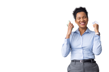 Successful African American business leader paying for travel expenses online