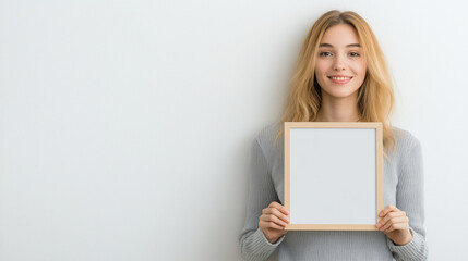 A beautiful young woman holds an empty photo frame against a white wall, ready for customization. Perfect for design templates, creative projects, and advertising concepts.