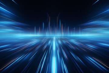 Obraz premium Vibrant blue light trails create futuristic atmosphere, resembling digital landscape. smooth lines and dynamic motion evoke sense of speed and innovation