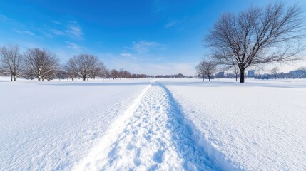 Obraz premium Snowy Path Through Park, Sunny Day, Peaceful Scenery, Perfect for Winter Background