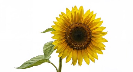 A beautiful vibrant sunflower with green leaves on white background