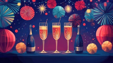 Colorful celebration with champagne and festive decorations