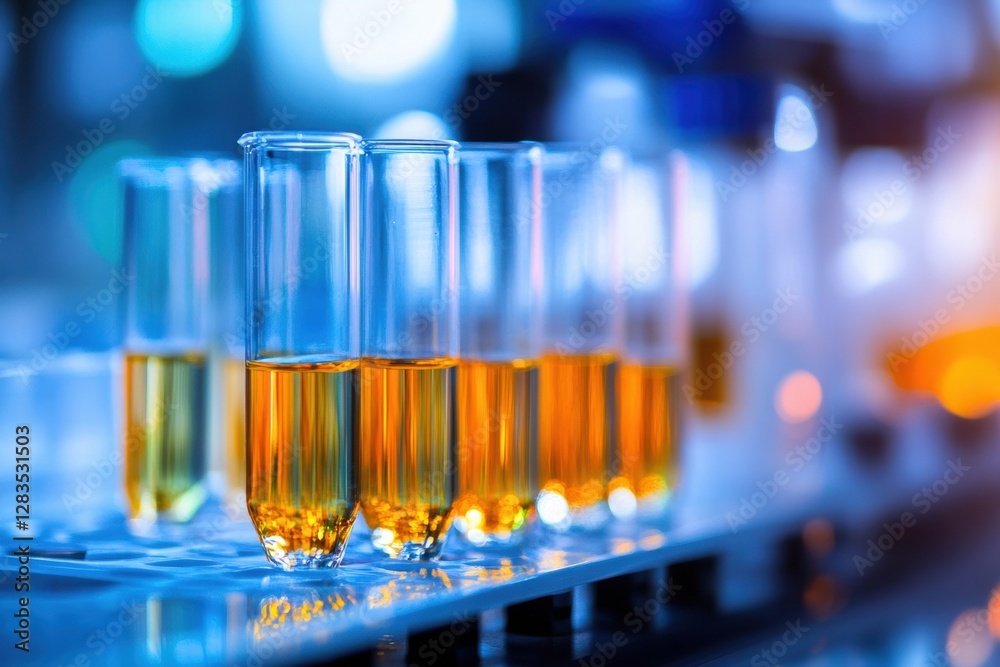 Poster glass test tubes containing bright orange liquid lined up on a laboratory workstation during an expe