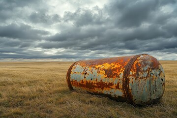 Obraz premium An abandoned, rusted tank resting in a field of dry grass under a dramatic cloudy sky, symbolizing decay, abandonment, and the passage of time.