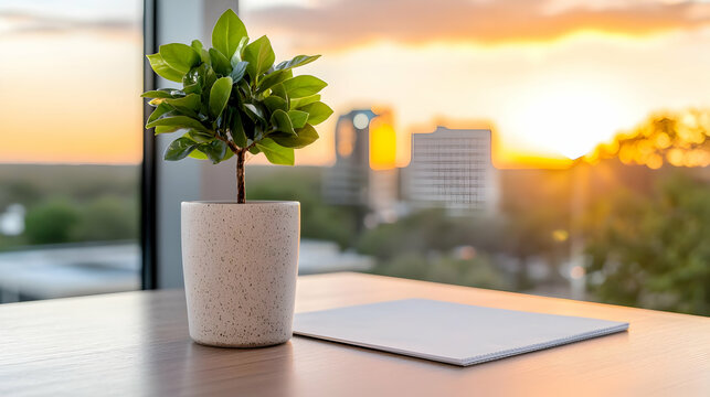 Small green potted plant sits on a wooden office desk next to a window overlooking a city skyline at sunset.