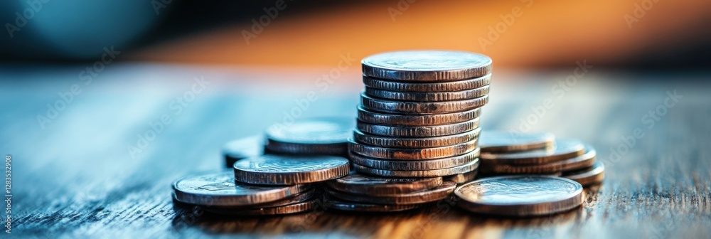 Poster Stacks of shiny coins arranged neatly on a wooden surface during the afternoon light. Generative AI