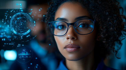 Futuristic Tech Vision, Curly-Haired Woman, Transparent AR Glasses, Innovative Interface