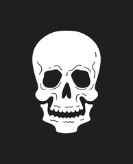 White skull silhouette isolated on black. Design element. Vector illustration. Fine template for stickers, posters, cards, clothes, etc.