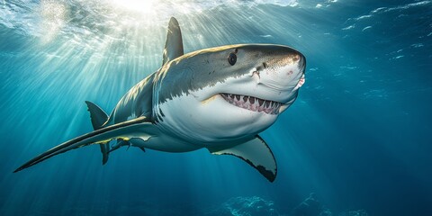 Naklejka premium Great white shark swimming in sunlit ocean water
