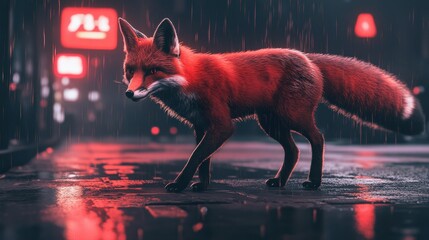 Red Fox Walking Through Neon City Streets in the Rain at Night