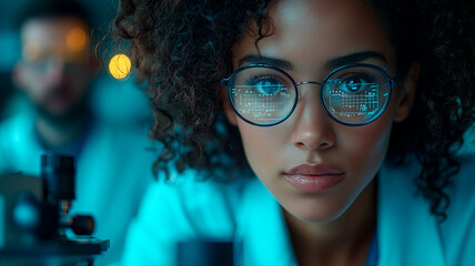 Futuristic Tech Vision, Curly-Haired Woman, Transparent AR Glasses, Innovative Interface
