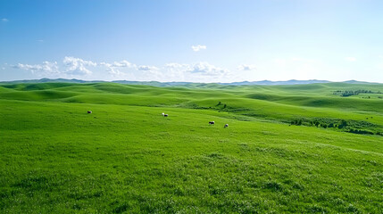 Rolling green hills, grazing sheep, sunny day, pastoral landscape, ideal for travel brochures