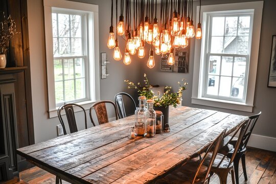 Rustic dining room featuring a wooden table adorned with flowers, glass jars and illuminated by a striking vintage Edison bulb chandelier creating a warm, inviting atmosphere.