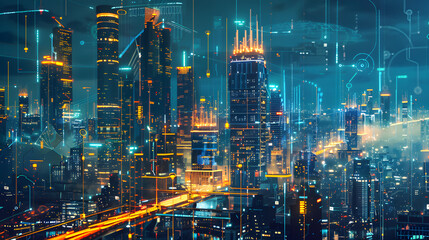 Naklejka premium The smart city of the future is an environmentally friendly, high-tech and comfortable space, where artificial intelligence, the Internet of Things and renewable energy sources ensure sustainable deve