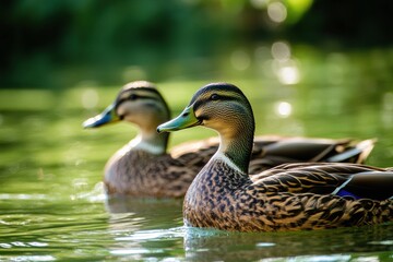 Fototapeta premium Ducks swimming gracefully in a serene pond under soft sunlight during the early morning hours. Generative AI