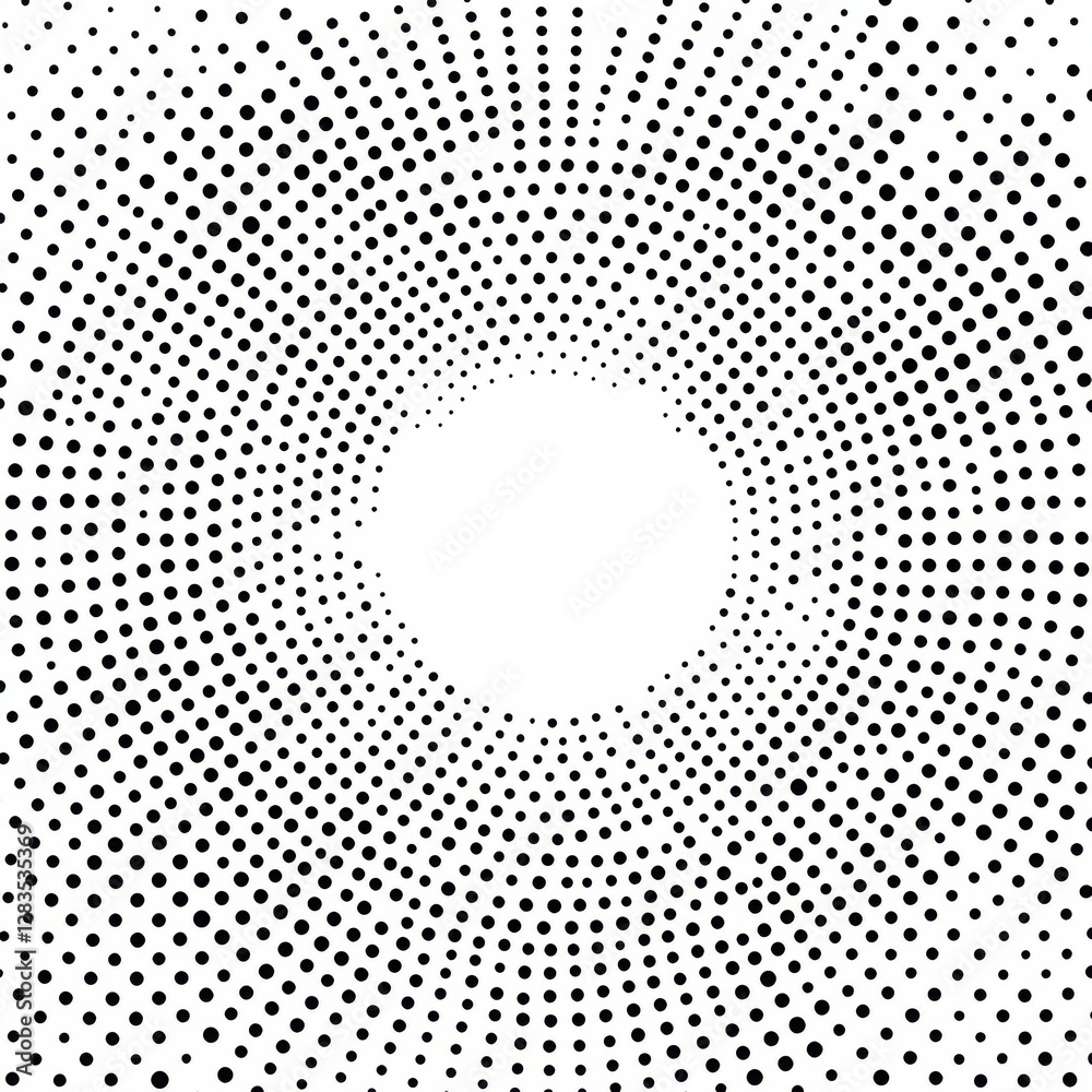 Poster Circular Dot Pattern: Optical Illusion of Depth and Movement in Black and White Halftone