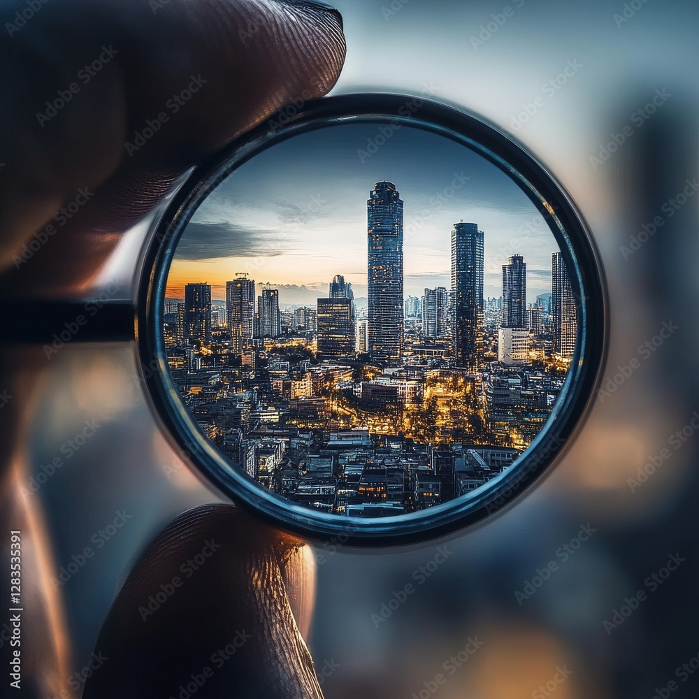 Poster cityscape through a lens: a macro view of urban life and architecture at dusk, captured in unique pe