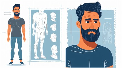 Vector Illustration of Young Man with Beard and Character Body Parts
