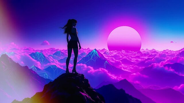 Silhouetted Girl Overlooking a Neon Cloudscape at Sunset. Perfect for synthwave, dream pop, and futuristic music. Seamless looping time lapse animation video background, lo-fi art.
