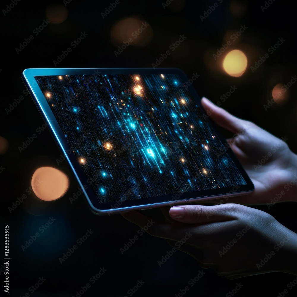 Poster Holding the Future: A Tablet Displaying a Matrix-Style Code with Glowing Particles in Hand, Showing Connectivity