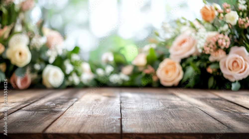 Poster Soft floral arrangements create a dreamy backdrop behind an empty rustic wooden table, inviting moments of reflection and creativity in a tranquil setting filled with natural light