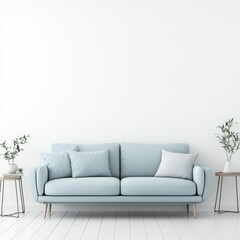 Minimalist Living Room with Light Blue Sofa and White Walls, accented by Side Tables and Greenery.