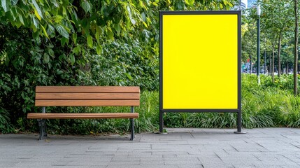 Wooden bench next to a bright yellow sign on a sidewalk in an urban environment