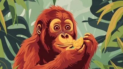 Young Orangutan Consuming Vegetation in Flat Vector Illustration
