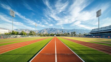 College stadium with athletes training for a 200m sprint. Featuring speed and technique